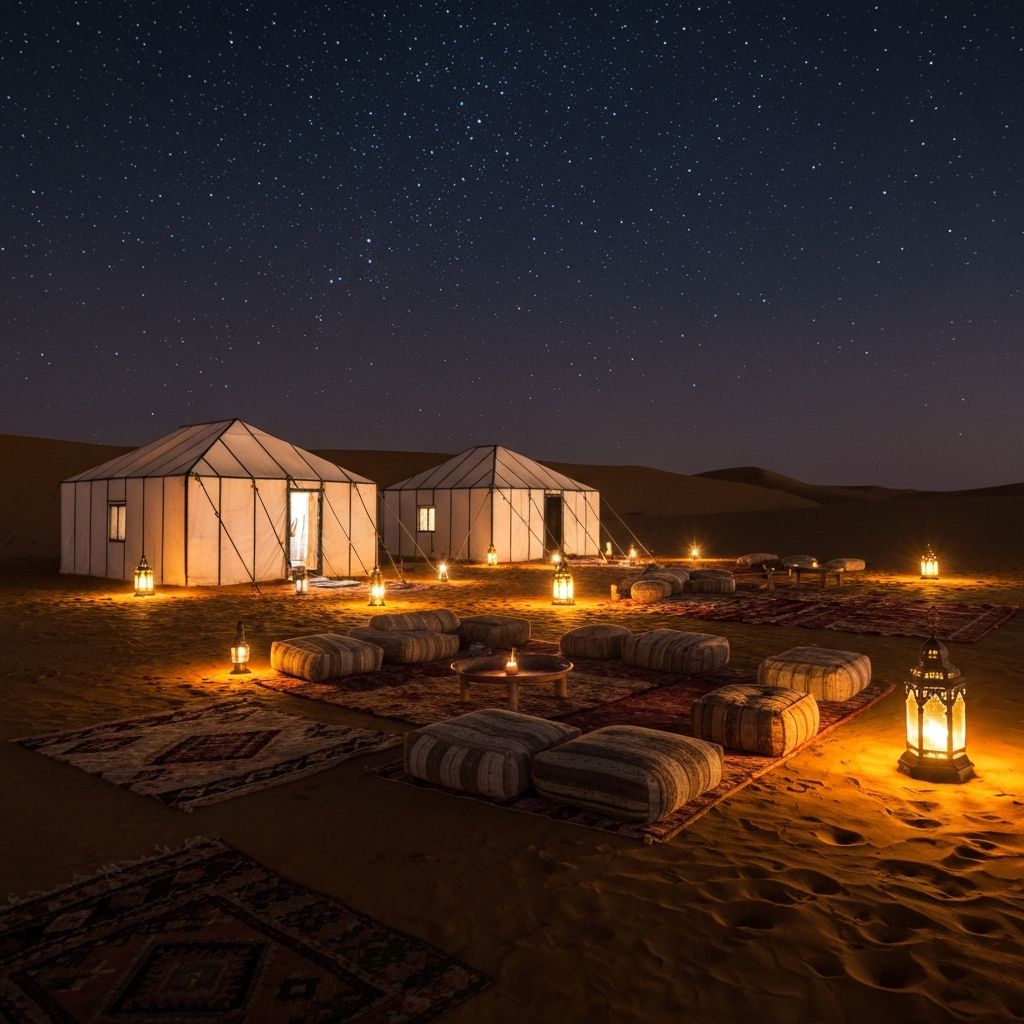 Luxury desert camp at night